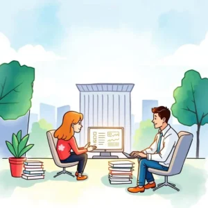 A woman and a man discussing payroll data optimization in a modern office setting.
