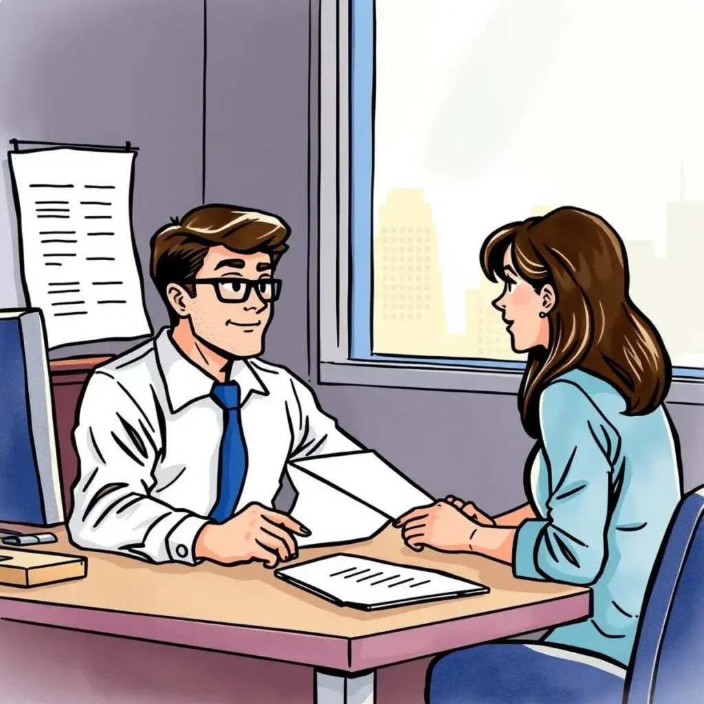 Payroll issue response generator: Rapid responses to payroll-related employee issues 1 Hr professional discussing payroll issues with an employee in an office setting.