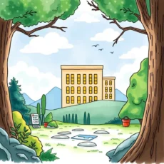 A serene landscape view featuring a building and plants.