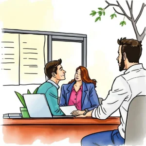Three hr professionals engaging in a collaborative discussion at a desk.