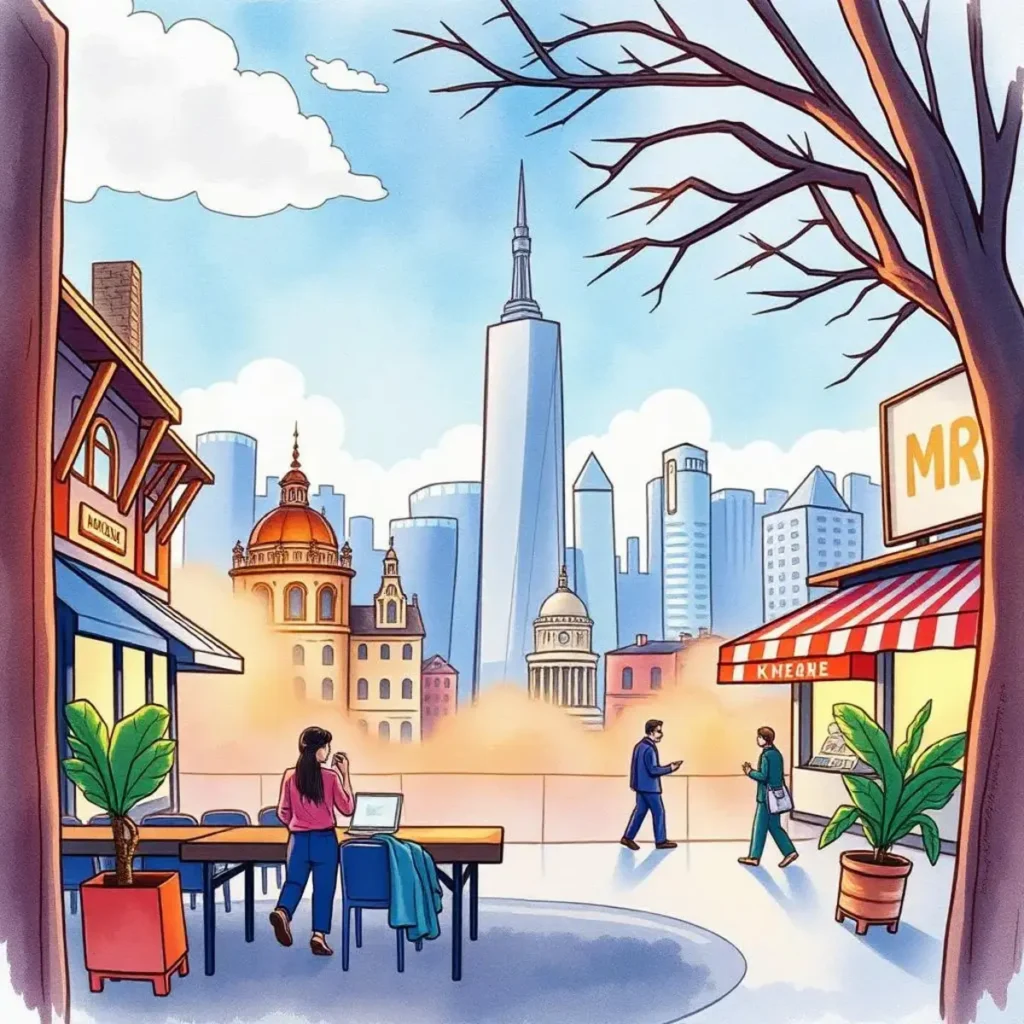 Global market snapshot: Create brief overviews of international market conditions 1 Colorful cityscape depicting international market analysis and business interactions.