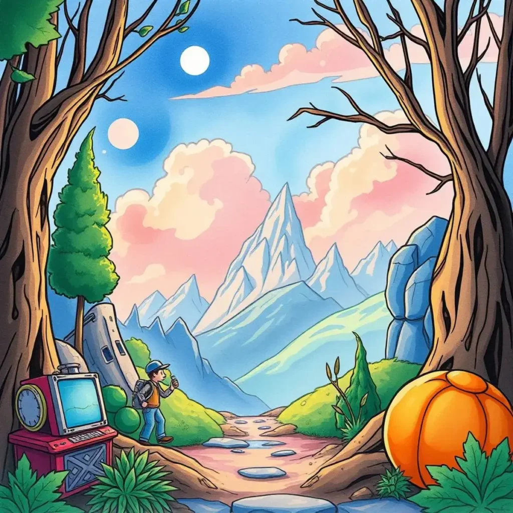 Performance anomaly detector: Identify unusual performance patterns quickly 1 A hiker explores a vibrant landscape with mountains, trees, and a vintage device, symbolizing monitoring tools.