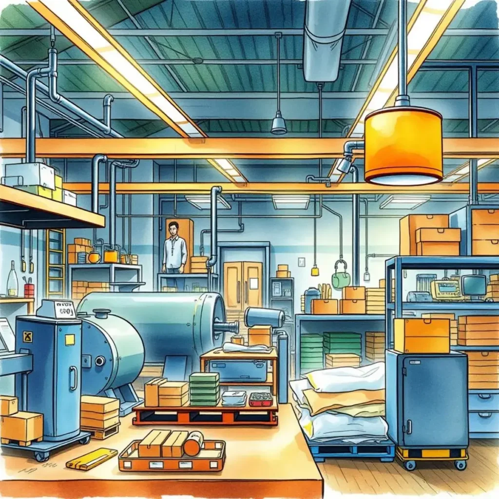 Performance feedback mapper: Visualize feedback impacts on production processes 1 Manufacturing workspace with machinery, showcasing production optimization processes.