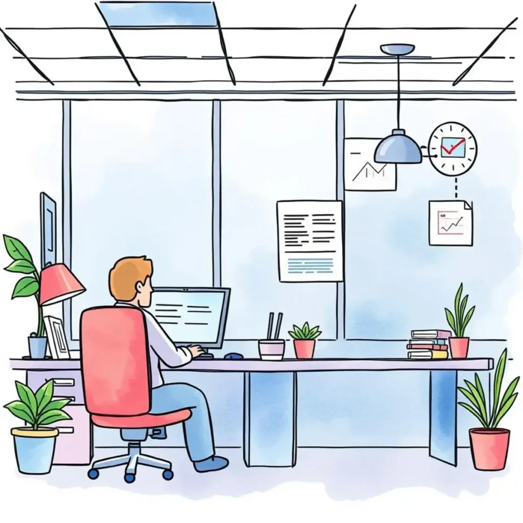 Performance improvement plan creator: Develop tailored action plans 1 Person using a computer in a bright office, focusing on performance improvement.