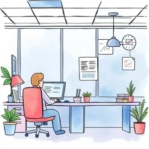 Performance improvement plan creator: Develop tailored action plans 1 Person using a computer in a bright office, focusing on performance improvement.
