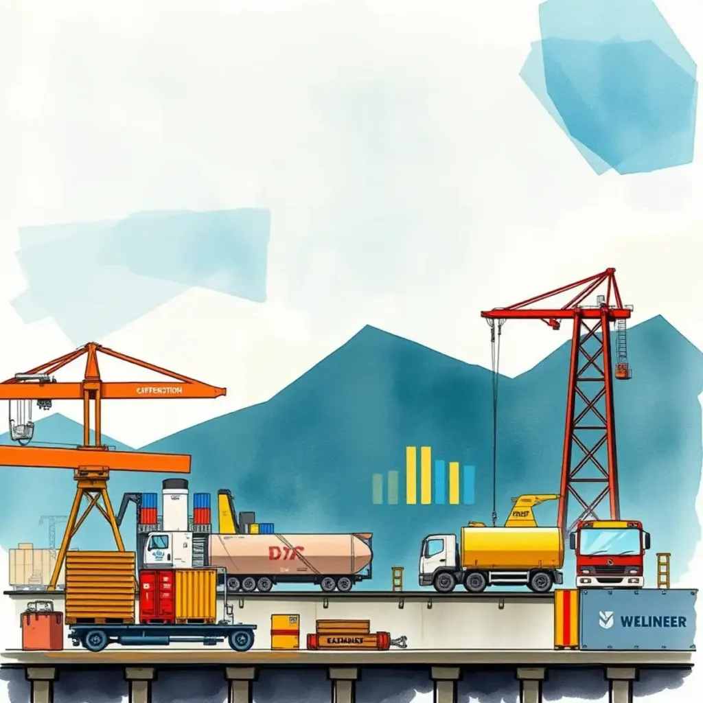Performance indicator generator: Create key performance indicators for operations 1 Illustration of a busy supply chain with trucks and cranes.