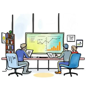 Team analyzing employee performance metrics in a modern workspace.