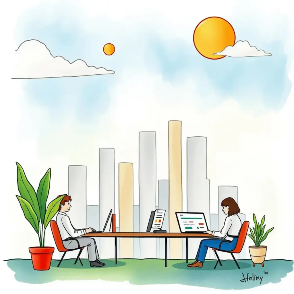 Performance insights generator: Analyze and summarize sales performance data 1 Sales strategists analyze performance data at a modern workspace with cityscape backdrop.