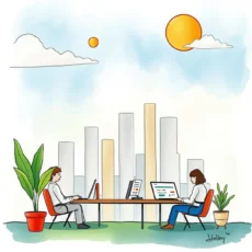 Sales strategists analyze performance data at a modern workspace with cityscape backdrop.