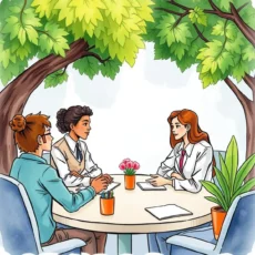 Three professionals engage in a discussion around a table in a lush, green environment.