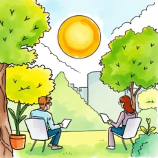 Two professionals discussing insights in a serene, outdoor setting.