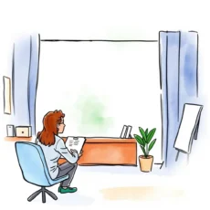 A person reviewing documents in a bright, modern office setting with a plant and presentation board nearby.