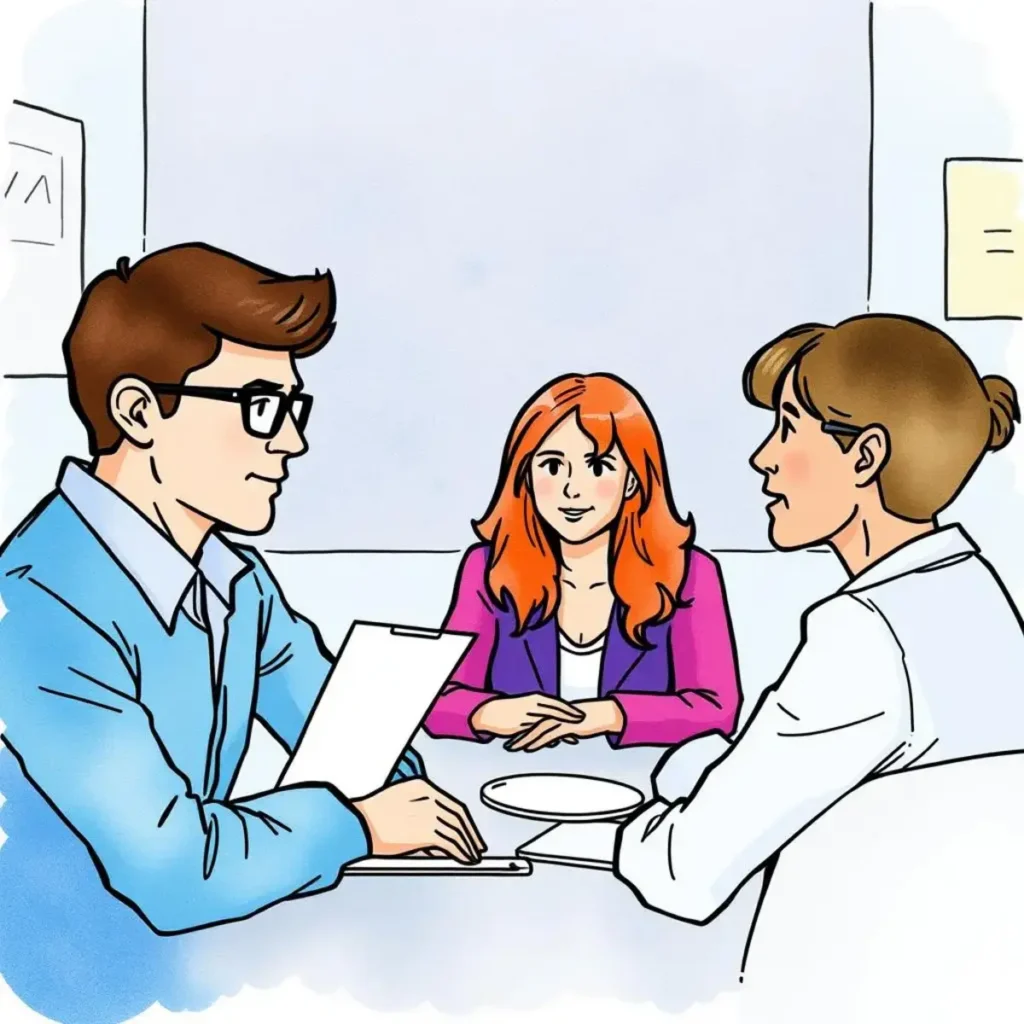 A group discusses performance evaluations during a meeting in a modern office setting.