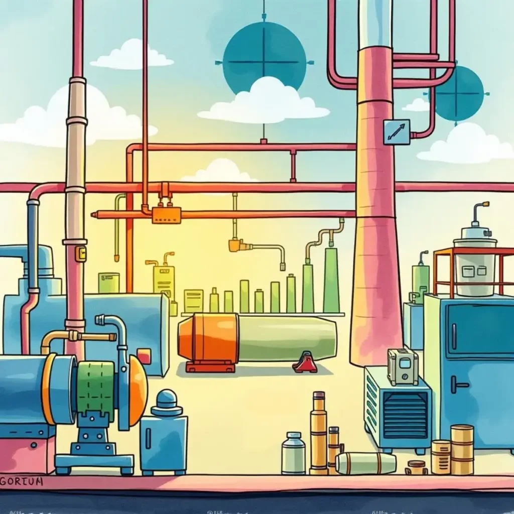 Manufacturing efficiency benchmark generator: Generate efficiency benchmarks for manufacturing processes 1 Colorful industrial scene showcasing manufacturing equipment and processes.