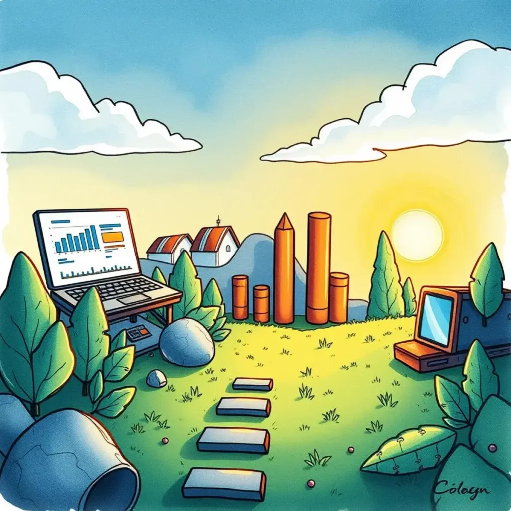 Manufacturing metrics summarizer: Summarize primary production metrics quickly 1 Colorful illustration of a landscape featuring performance metrics visualization tools.