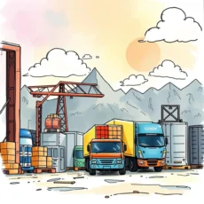 Trucks and cargo containers at a supply chain facility