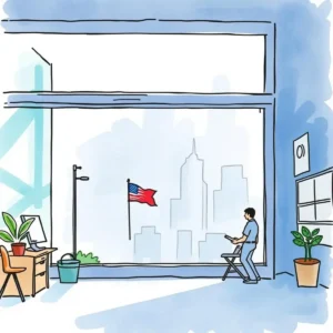 A person analyzing metrics in an office overlooking the city
