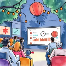 Engaged audience viewing a performance metrics presentation in a lively setting with visuals.