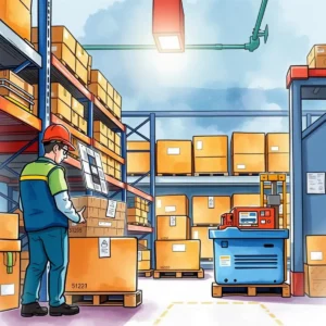 Performance metrics reporter: Summarize key performance metrics for analysis 10 Operation personnel analyzing performance metrics in a warehouse.
