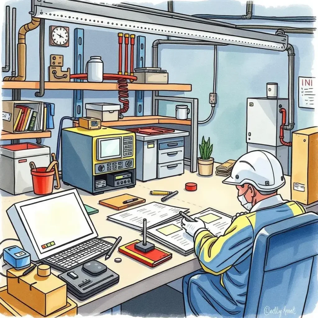 Performance review generator: Summarize results of functional tests 1 Quality Control Inspector analyzing performance review documentation in workshop.