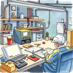 Performance review generator: Summarize results of functional tests 3 Quality Control Inspector analyzing performance review documentation in workshop.