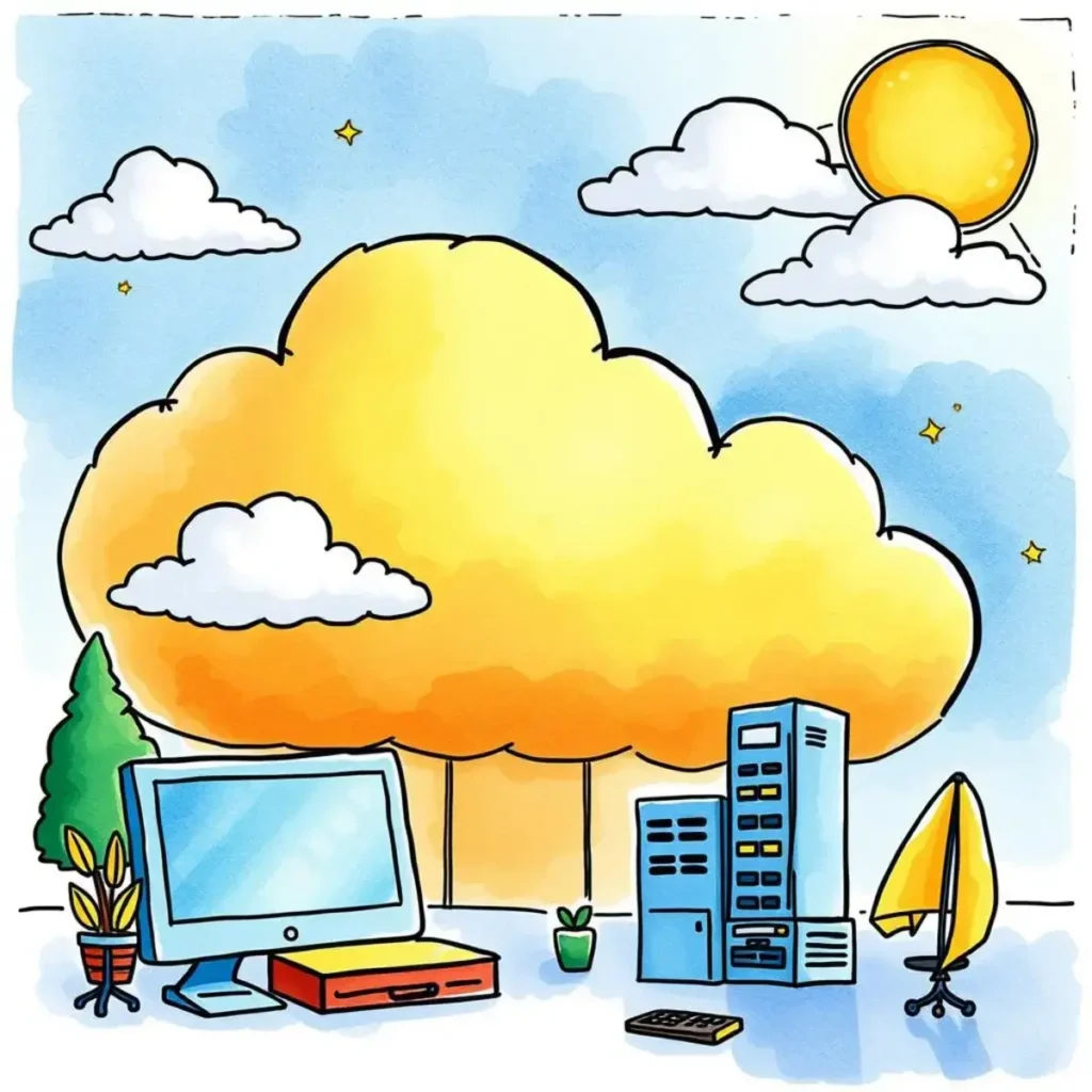 Performance review summarizer: Generate summaries of vendor performance reviews 1 Colorful illustration of cloud computing with it equipment and sun.