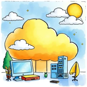 Performance review summarizer: Generate summaries of vendor performance reviews 6 Colorful illustration of cloud computing with it equipment and sun.