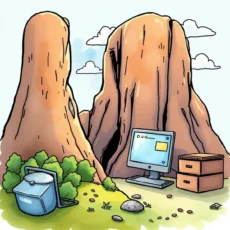Computer and storage boxes near rocky formations, symbolizing performance challenges.