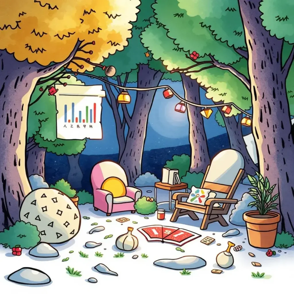 Test analysis review compiler: Aggregate analysis results for easy review 1 Cozy forest scene with analysis tools and charts