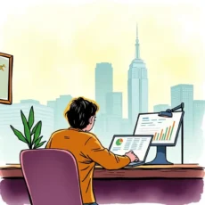 Person analyzing budget data on a computer with a city skyline view.