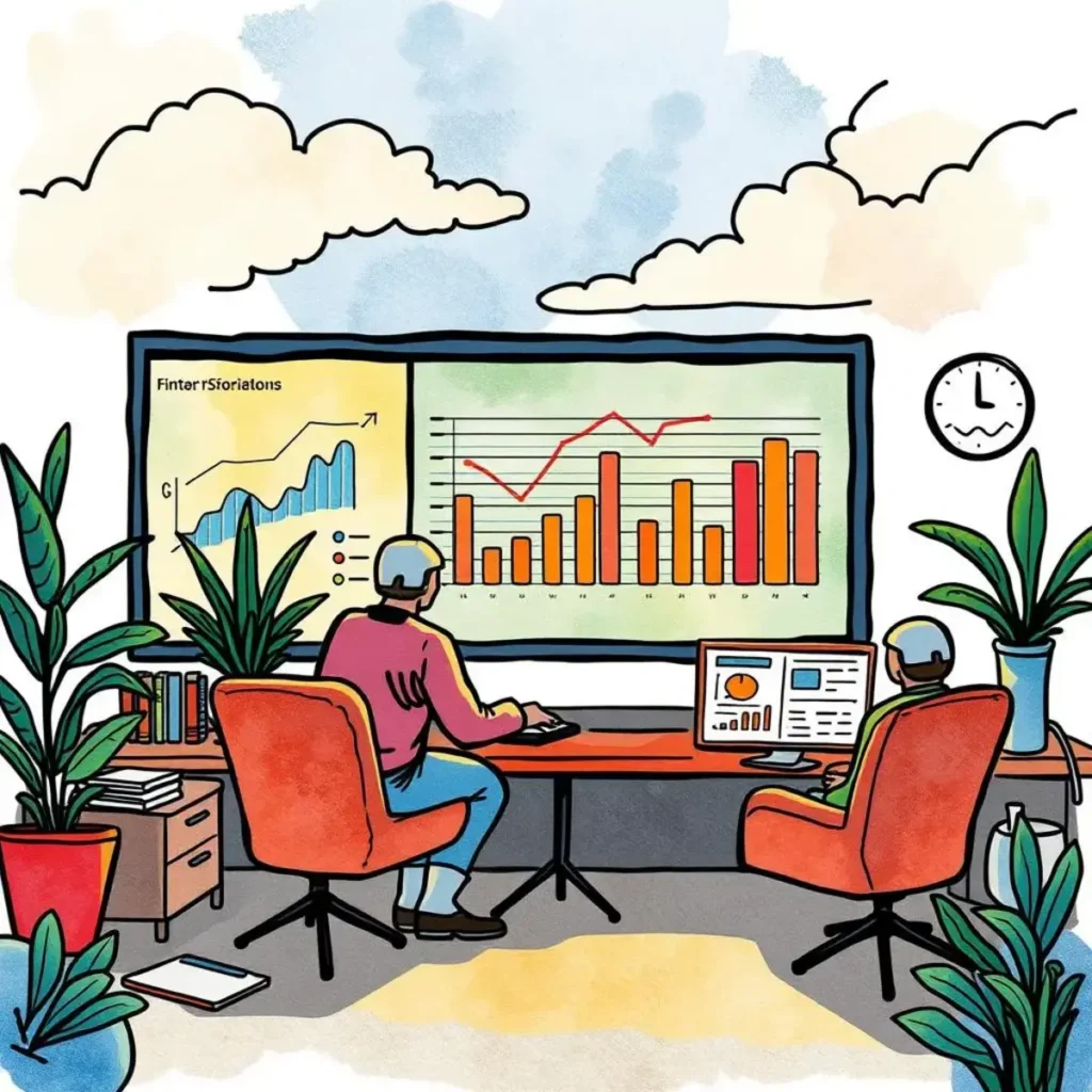 Forecast insight report builder: Create reports on future performance insights for stakeholders 1 Two analysts work on performance reports with visual data insights.