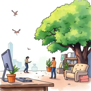 A serene office scene featuring individuals engaged in conversation surrounded by greenery and technology.