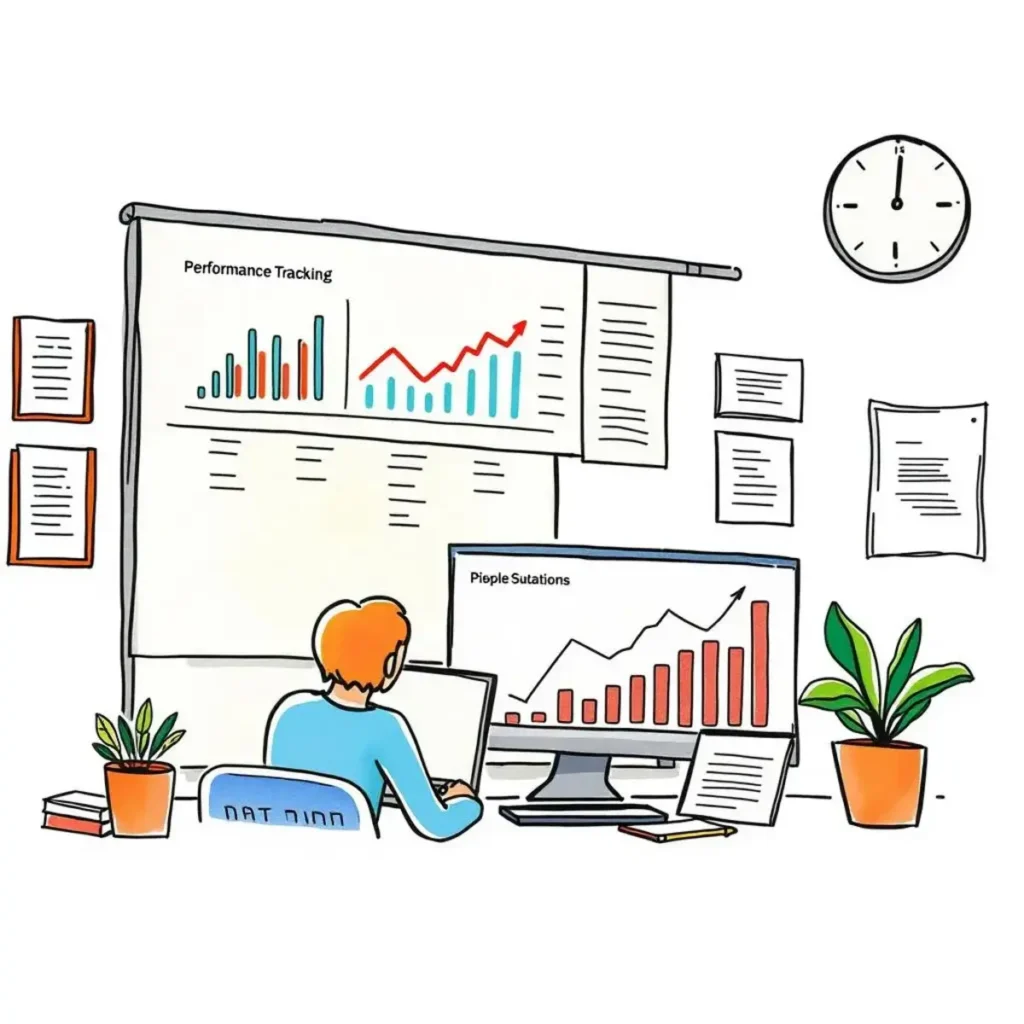 Performance tracking feedback generator: Craft feedback based on tracking performance data 1 Performance tracking dashboard for financial analysts displaying graphs and data insights in an office setting.