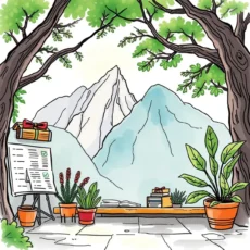 A serene workspace under trees with mountains, showcasing financial data tools.