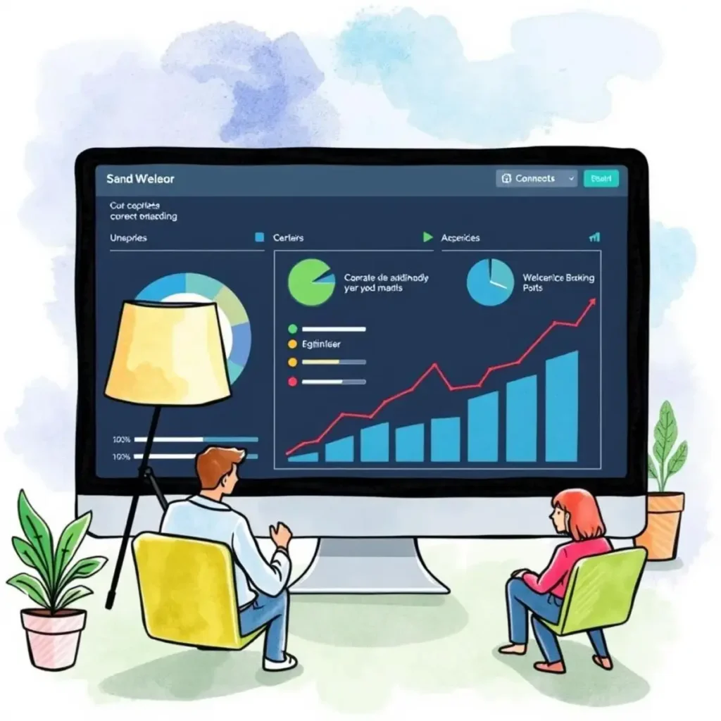 Stakeholder analysis report: Generate detailed reports on stakeholder engagement performance 1 A colorful illustration showing two individuals analyzing a stakeholder analysis report on a large monitor.
