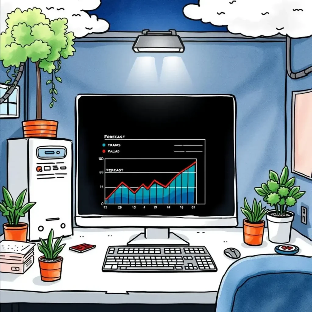 Performance trend predictor: Forecast performance trends based on historical data 1 A desktop computer displaying a performance trend forecast chart within a cozy IT workspace.