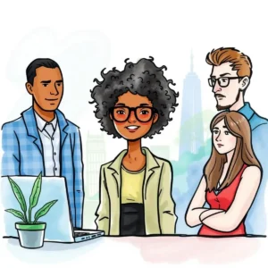 Diverse professionals collaborating on customer persona generation for market insights.
