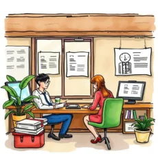 Two hr professionals discussing employee records in a modern office setting.