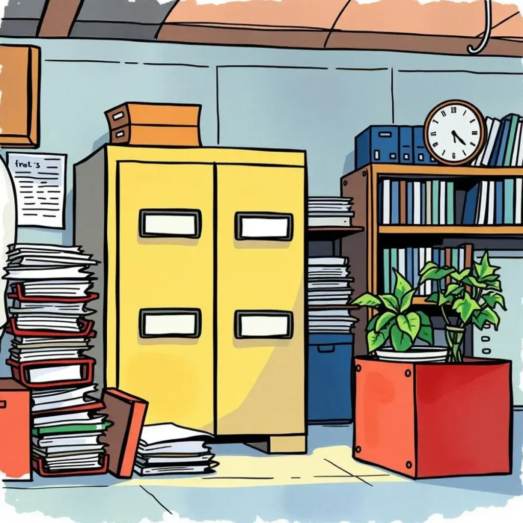 Physical file layout ai: Plan physical file storage solutions 1 Colorful office space with filing cabinets and documents organized.