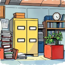 Colorful office space with filing cabinets and documents organized.
