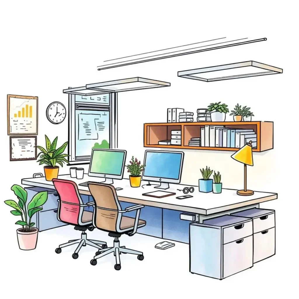 Plan review documenter: Document reviews of space planning proposals 1 A modern workspace featuring desks with computers, plants, and organized shelving for document reviews