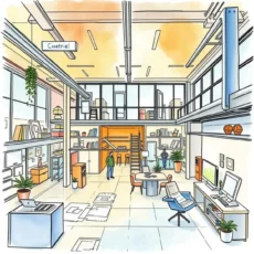 Illustration of a modern workspace designed for efficient space planning.