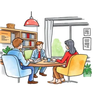 Policy change notification generator: Inform employees of changes in benefits policies 8 A team discusses benefits policy changes in a bright, modern office setting.