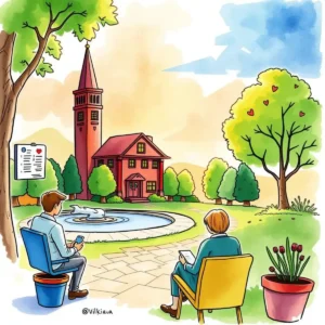 Modern park scene with people reviewing policies
