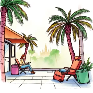 Woman drafting travel policy messages on a relaxing patio with lush scenery.