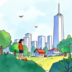 A serene landscape showcasing a person overlooking a city skyline.