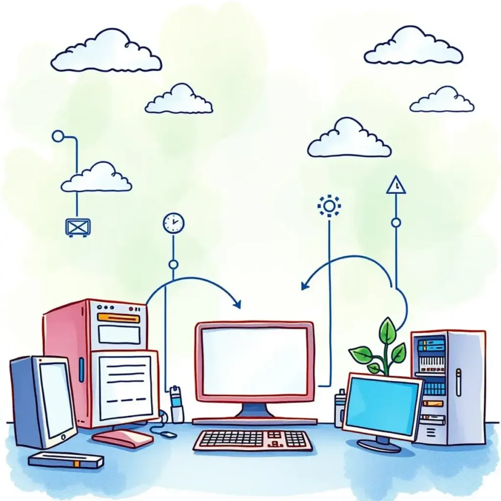 A colorful illustration depicting multiple computers and cloud elements symbolizes IT governance management tools.