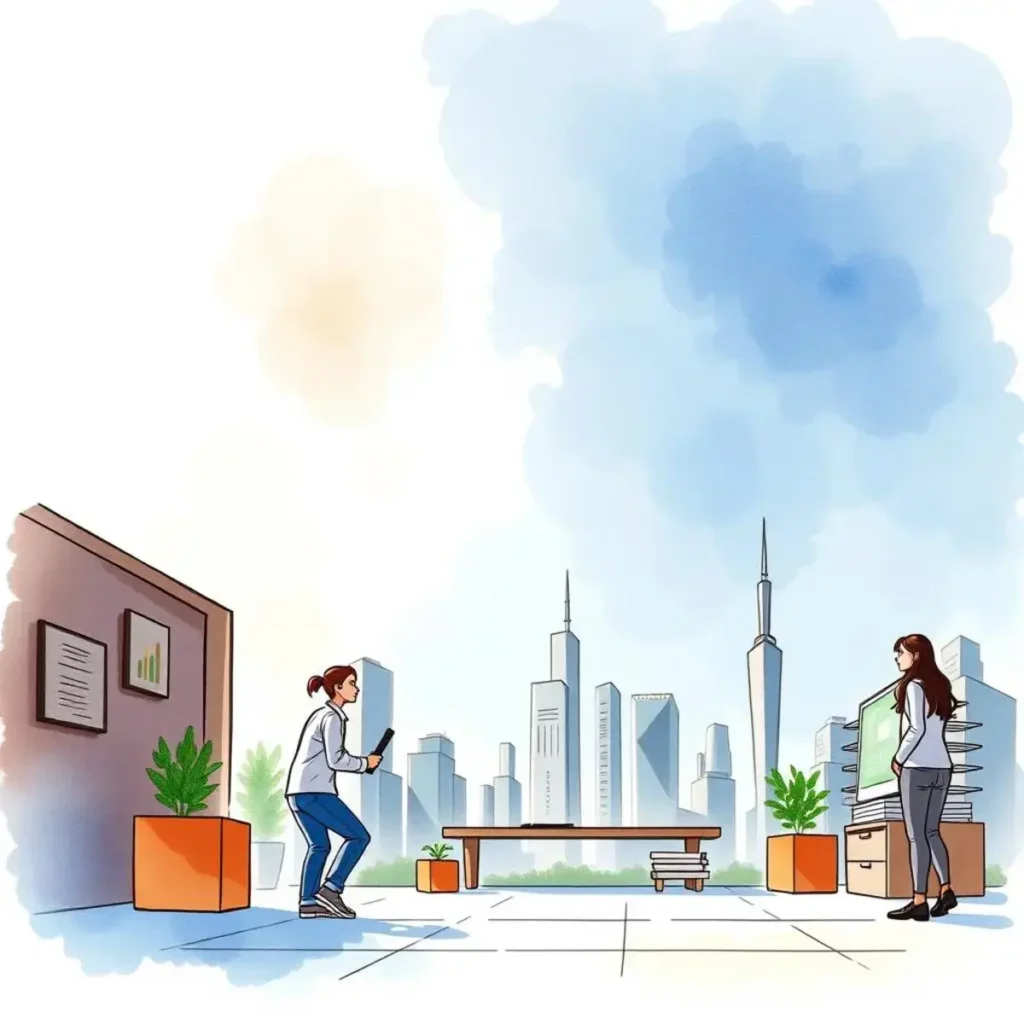 Position strategy review app: Review and refine market strategies accurately 1 A business meeting between analysts reviewing market strategies with a cityscape backdrop.