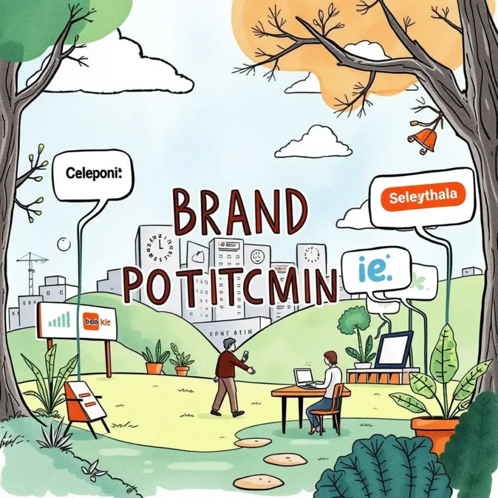 Positioning statement builder: Develop concise and effective brand messages 1 A person using a web tool in an illustrated park setting focused on brand positioning.