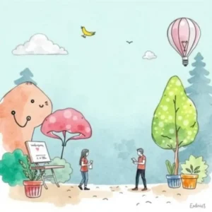 Illustration of people brainstorming creative ideas in a vibrant, engaging setting.